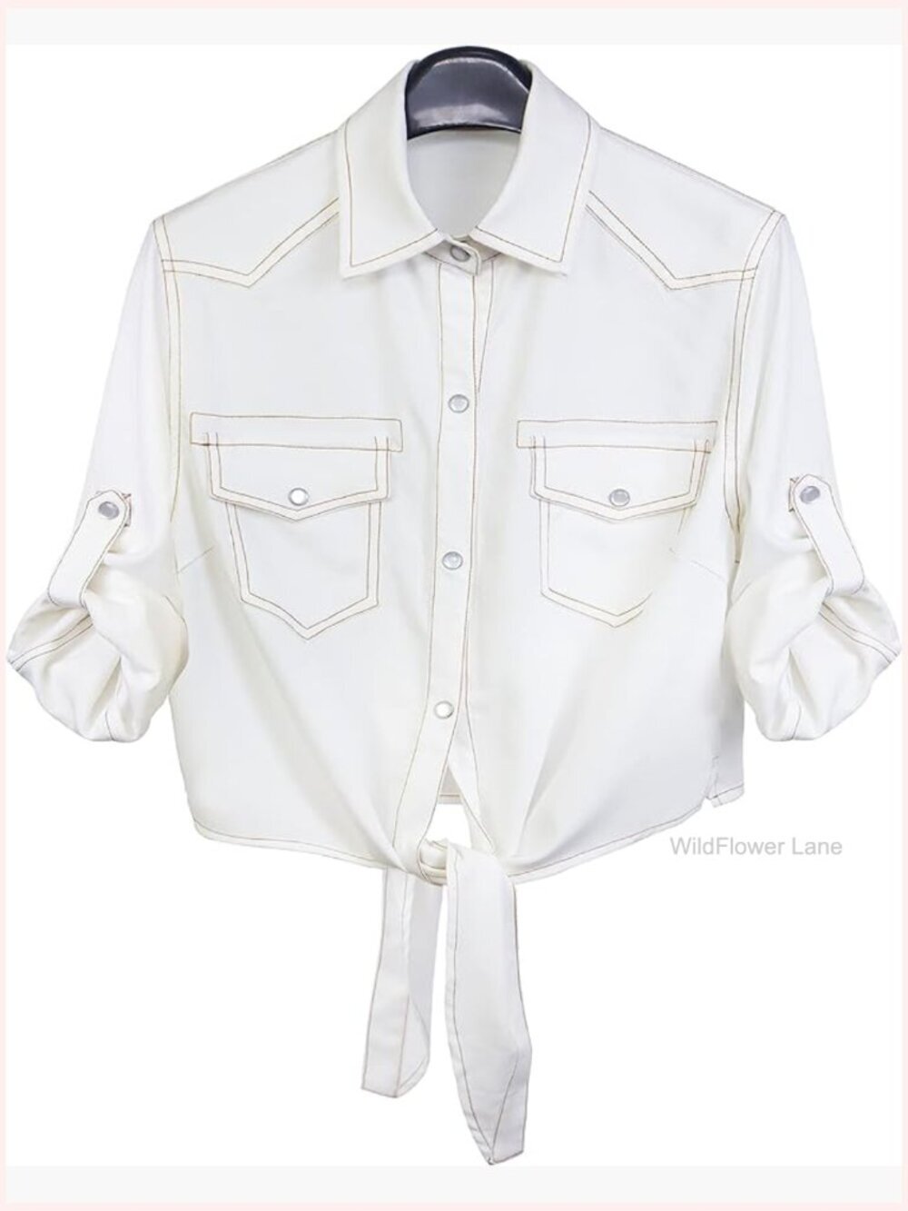 Roll Up 3/4 Sleeve Tie Front Crop Top Blouse Button Down Chambray Denim